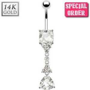 14ct White Gold Trillion Cut Cubic Zirconia Belly Bar