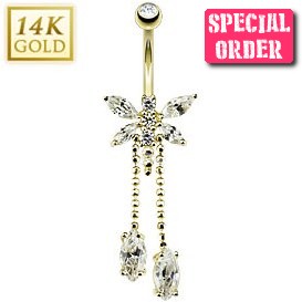 14ct Gold Dragonfly Twin Dangle Belly Bar