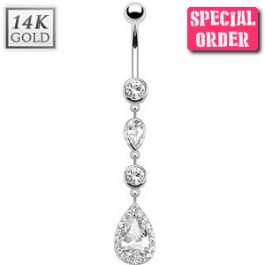 14ct White Gold Dangly Teardrop Belly Bar