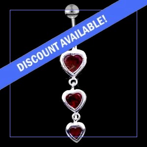 Sterling Silver Three Encased Hearts Belly Bar